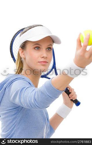 Tennis player - young woman holding racket in fitness outfit