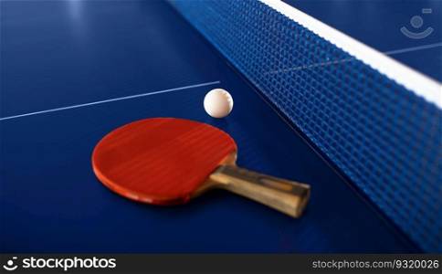 Tennis racket and ball on ping-pong table with net prepared for game completion. Professional sport and hobby concept. Tennis racket and ball on ping-pong table with net prepared for game