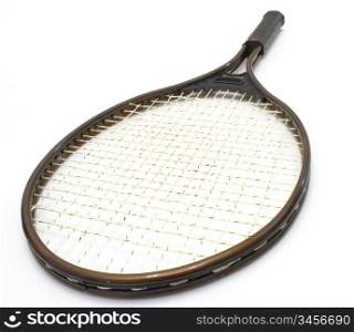 Tennis racket of brown color on a white background