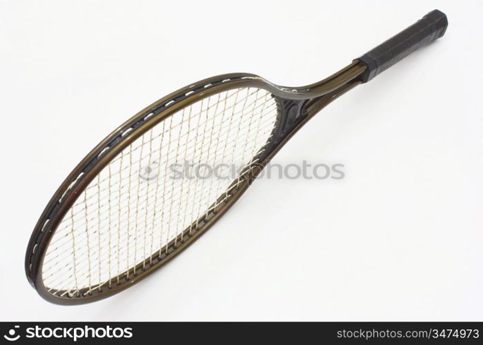 Tennis racket of brown color on a white background