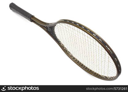 Tennis racket of brown color on a white background