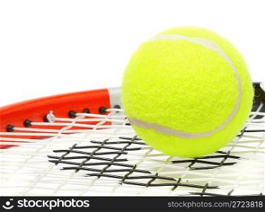Tennis racket with a ball on a white background.