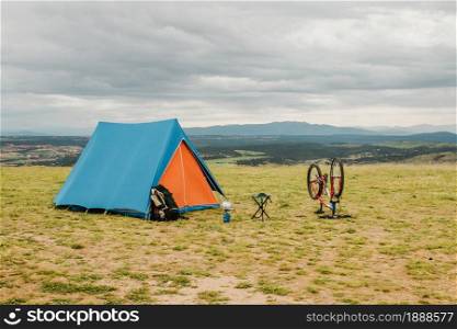 tent bike countryside. Resolution and high quality beautiful photo. tent bike countryside. High quality and resolution beautiful photo concept