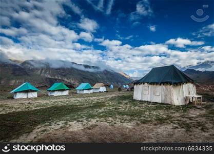 Tent camp in Himalayas in the morning. Spiti Valley, Himachal Pradesh, India. Tent camp in Himalayas