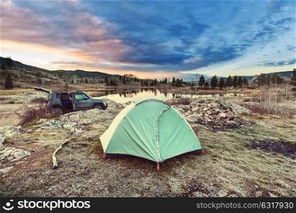 Tent in Camping. Recreation site.