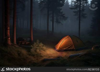 Tent in forest in summer night. Summer outdoor place. Generate Ai. Tent in forest in summer night. Generate Ai