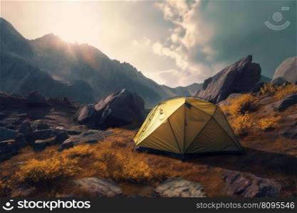 Tent in mountains sunshine. Summer c&. Generate Ai. Tent in mountains sunshine. Generate Ai