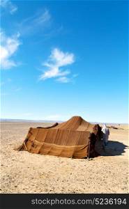 tent in the desert of morocco sahara and rock stone sky