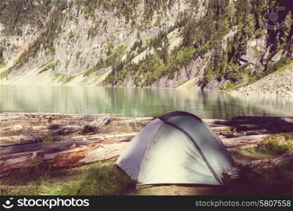 Tent on the mountains lake