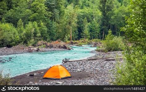 Tent on the Nisqually River in Mount Rainier National Park in Washington USA. Tent on the Nisqually River in Mount Rainier National Park in Wa