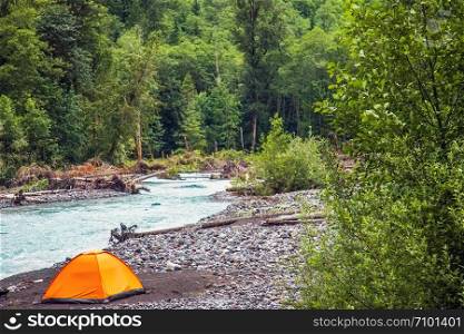 Tent on the Nisqually River in Mount Rainier National Park in Washington USA. Tent on the Nisqually River in Mount Rainier National Park in Wa