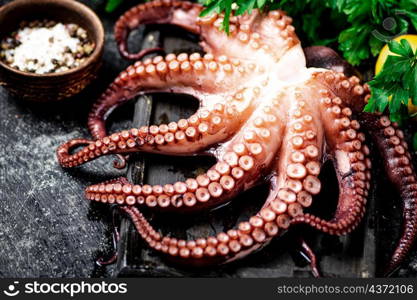 Tentacles of a fresh octopus on a cutting board. On a black background. High quality photo. Tentacles of a fresh octopus on a cutting board.