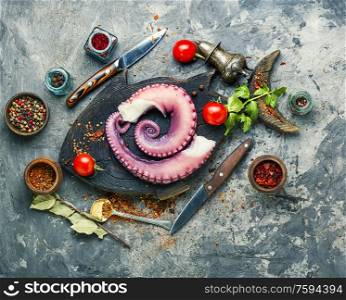 Tentacles of raw octopus on kitchen board.Mediterranean seafood.Space for text. Raw octopus on kitchen board