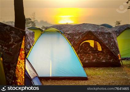 Tents in the camping at sunrise