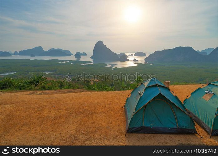 Tents or camps in Samet Nangshe Viewpoint at sunset with Andaman sea in Phang Nga Bay, tourist attraction in summer, Thailand in travel trip and holidays vacation. Natural landscape background.