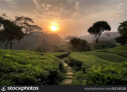 tepublic park, with tea plantation in the background and sunset sky, created with generative ai. tepublic park, with tea plantation in the background and sunset sky