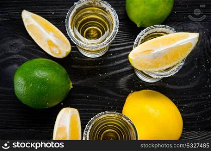 Tequila drink served in glasses with lime and salt. The tequila drink served in glasses with lime and salt
