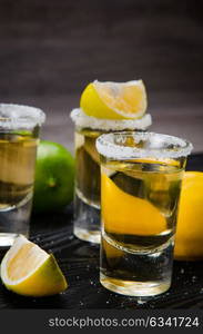 Tequila drink served in glasses with lime and salt. The tequila drink served in glasses with lime and salt