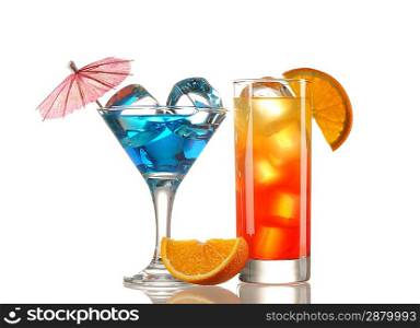 Tequila Sunrise and Blue Curacao cocktail isolated on white