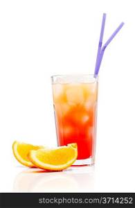 Tequila sunrise with sliced orange. Cocktail isolated over white.