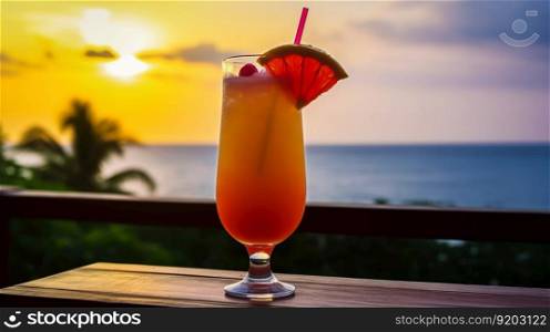 Tequilla Sunrise cocktail on background with blue sea and sunrise sky tropical background. Generative AI.. Tequilla Sunrise cocktail on background with blue sea and sunrise sky tropical background. Generative AI