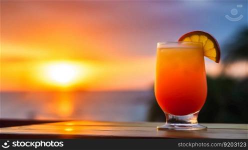 Tequilla Sunrise cocktail on background with blue sea and sunrise sky tropical background. Generative AI.. Tequilla Sunrise cocktail on background with blue sea and sunrise sky tropical background. Generative AI