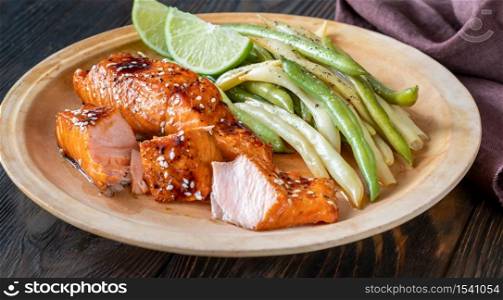 Teriyaki salmon with spicy green and yellow beans