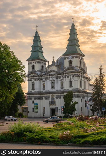 Ternopil, Ukraine 06.07.2021. Church of the Immaculate Conception of the Blessed Virgin Mary in Ternopol, Ukraine, on a summer morning. Cathedral in Ternopil, Ukraine