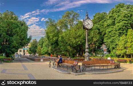 Ternopil, Ukraine 06.07.2021. Tripartite clock on the Taras Shevchenko Boulevard in Ternopil, Ukraine, on a sunny summer morning. Taras Shevchenko Boulevard in Ternopil, Ukraine