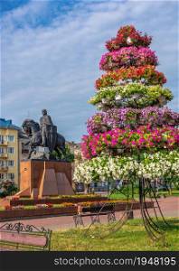Ternopil, Ukraine 06.07.2021. Volya Maidan and Danylo Halytskyi Monument in Ternopol, Ukraine, on a sunny summer morning. Volya Maidan in Ternopil, Ukraine