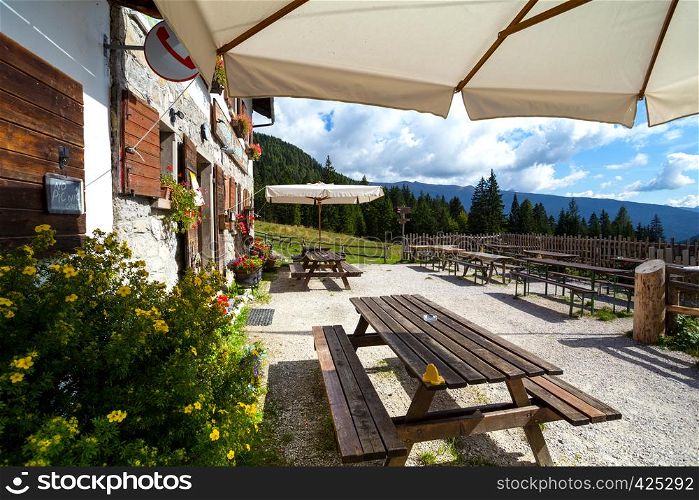 terrace at the rifugio Lunelli, Dolomites mountains, Italy