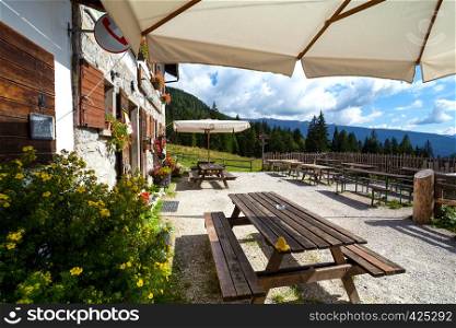 terrace at the rifugio Lunelli, Dolomites mountains, Italy