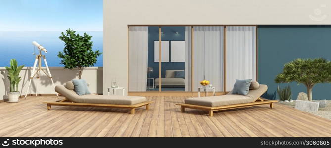 Terrace of a modern villa overlooking the sea and two chaise lounges on hardwood floor - 3d rendering. Beautiful terrace of a modern villa overlooking the sea