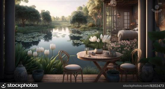 Terrace with pond view design with wooden structure in spa hotel or luxury home. distinct generative AI image.. Terrace with pond view design with wooden structure in spa hotel or luxury home