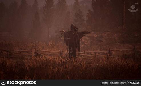 terrible scarecrow in dark cloak and dirty hat stands alone in autumn field at sunset time. terrible scarecrow in dark cloak and dirty hat stands alone in autumn field
