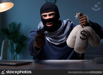 Terrorist burglar with gun asking for money ransom