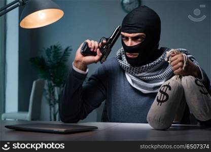 Terrorist burglar with gun asking for money ransom