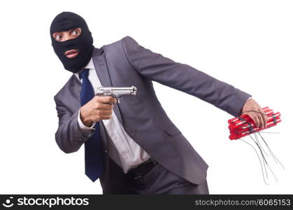 Terrorist with dynamite isolated on white