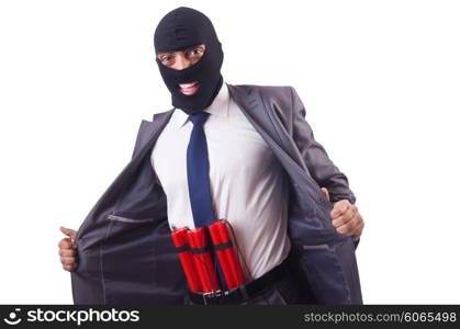 Terrorist with dynamite isolated on white