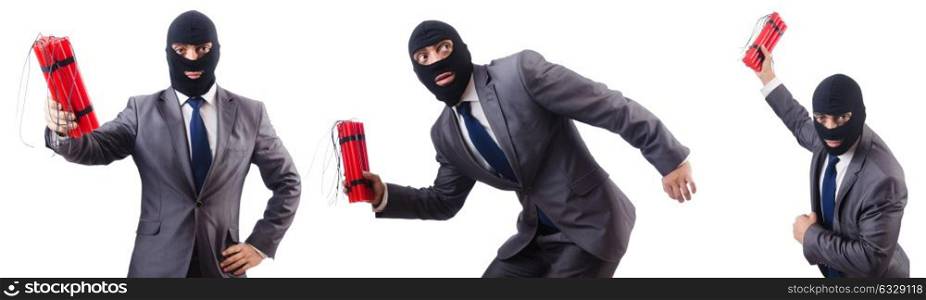 Terrorist with dynamite isolated on white