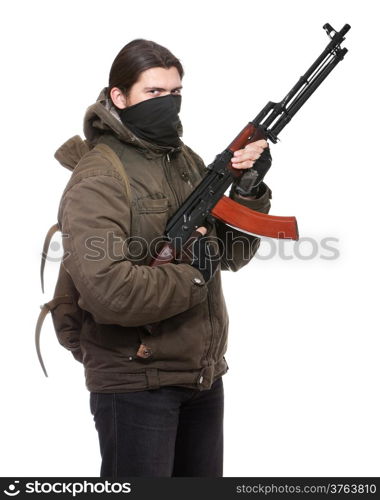 Terrorist with weapon on a white background