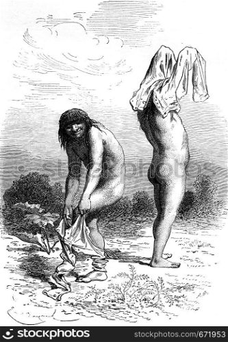 Test trousers and a flannel waistcoat by Siriniris Indians, vintage engraved illustration. Le Tour du Monde, Travel Journal, (1872).