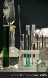 Test tubes, flask and glassware closeup