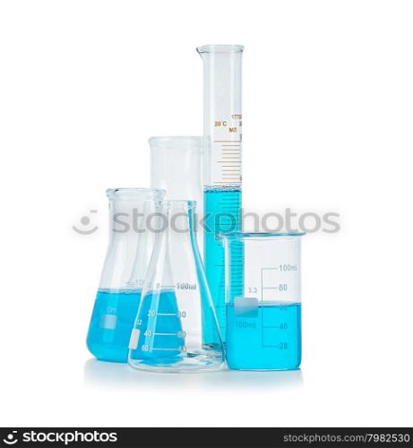 Test-tubes, flasks with blue liquid isolated on white