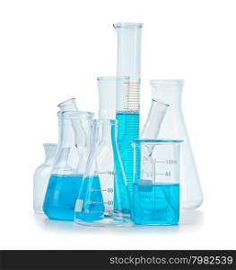 Test-tubes, flasks with blue liquid isolated on white