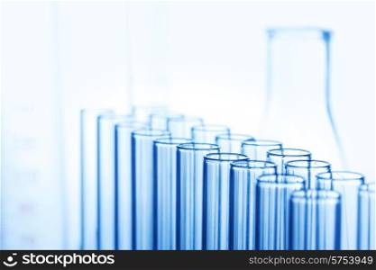 Test tubes of glass in laboratory close-up. Test tubes