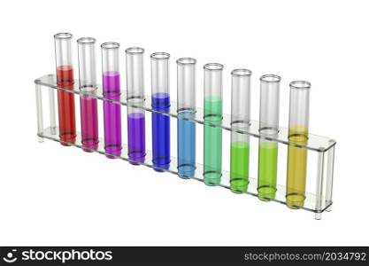 Test tubes with colorful liquids in a rack on white background