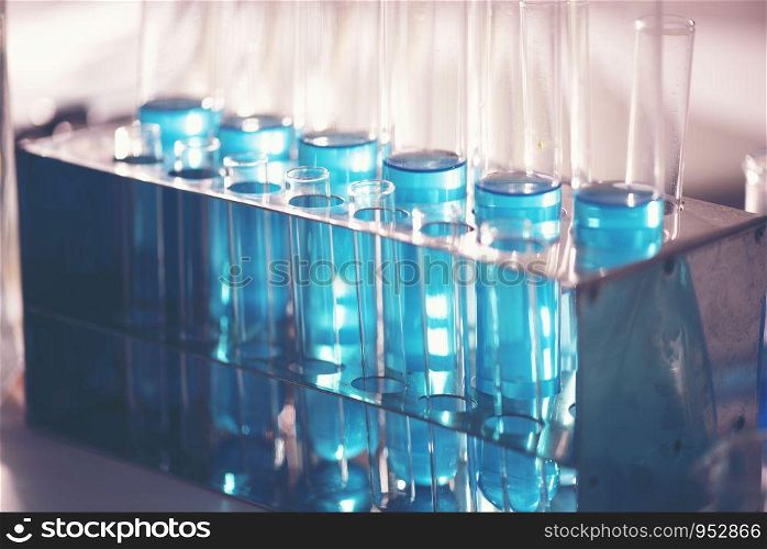 Test tubes with liquid, closeup in laboratory