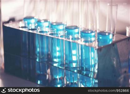 Test tubes with liquid, closeup in laboratory