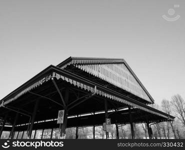 Tettoia Mercato Coperto (meaning Covered Market Shed) in Alba, Italy in black and white. Mercato Coperto in Alba in black and white